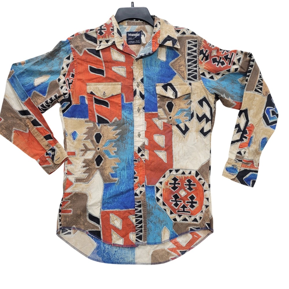 Vintage Wrangler Cowboy Cut Western 15.5 33 Southwestern Geometric XLong Tail